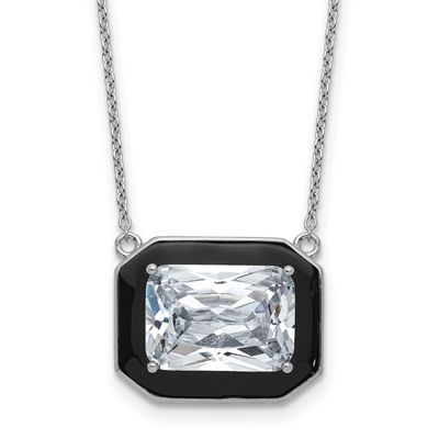 Cheryl M Polished Black Enamel and Emerald-cut CZ Necklace Sterling Silver Rhodium-plated, QCM1813-