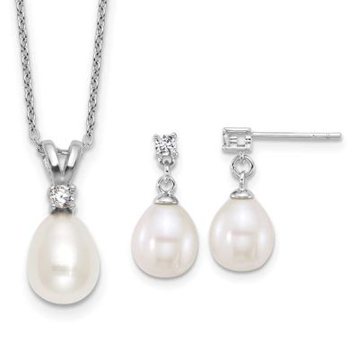 7-9mm White Teardrop Freshwater Cultured Pearl and CZ 17 inch Necklace and Post Dangle Earrings Set