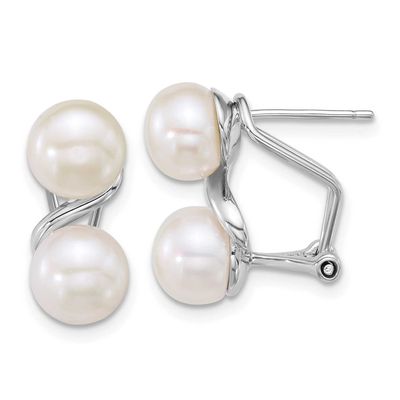 7-8mm White Button Freshwater Cultured Pearl Omega Back Earrings Sterling Silver Rhodium-plated, QE