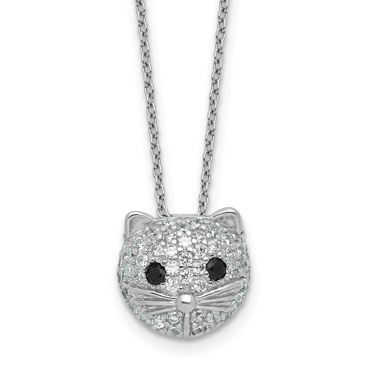 Cheryl M Polished Black and White CZ Cat 16 Inch with 2 Inch Extension Necklace Sterling Silver Rho