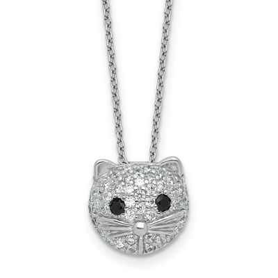 Cheryl M Polished Black and White CZ Cat 16 Inch with 2 Inch Extension Necklace Sterling Silver Rho