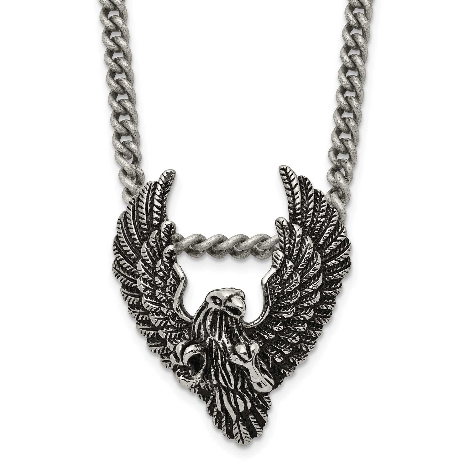 Antiqued and Polished Eagle Pendant on a 24 inch Curb Chain Necklace Stainless Steel, SRN2022-24, 1