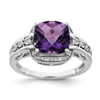 Diamond &amp; Checker-Cut Amethyst Ring Sterling Silver Rhodium-plated, QR3040AM-8, 883957629063