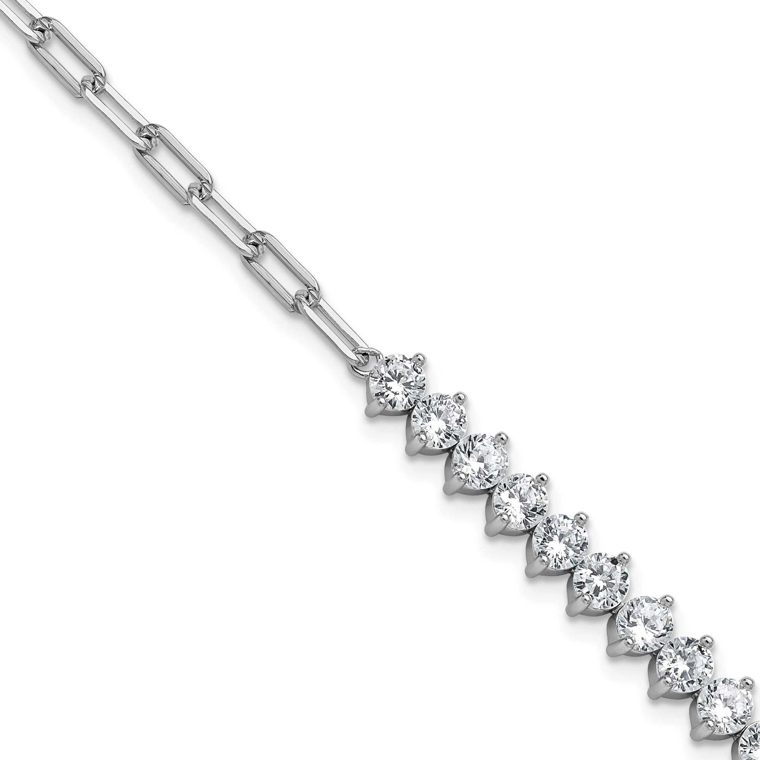 Cheryl M Polished Fancy CZ and Paperclip Link Bracelet Sterling Silver Rhodium-plated, QCM1832-8, 1