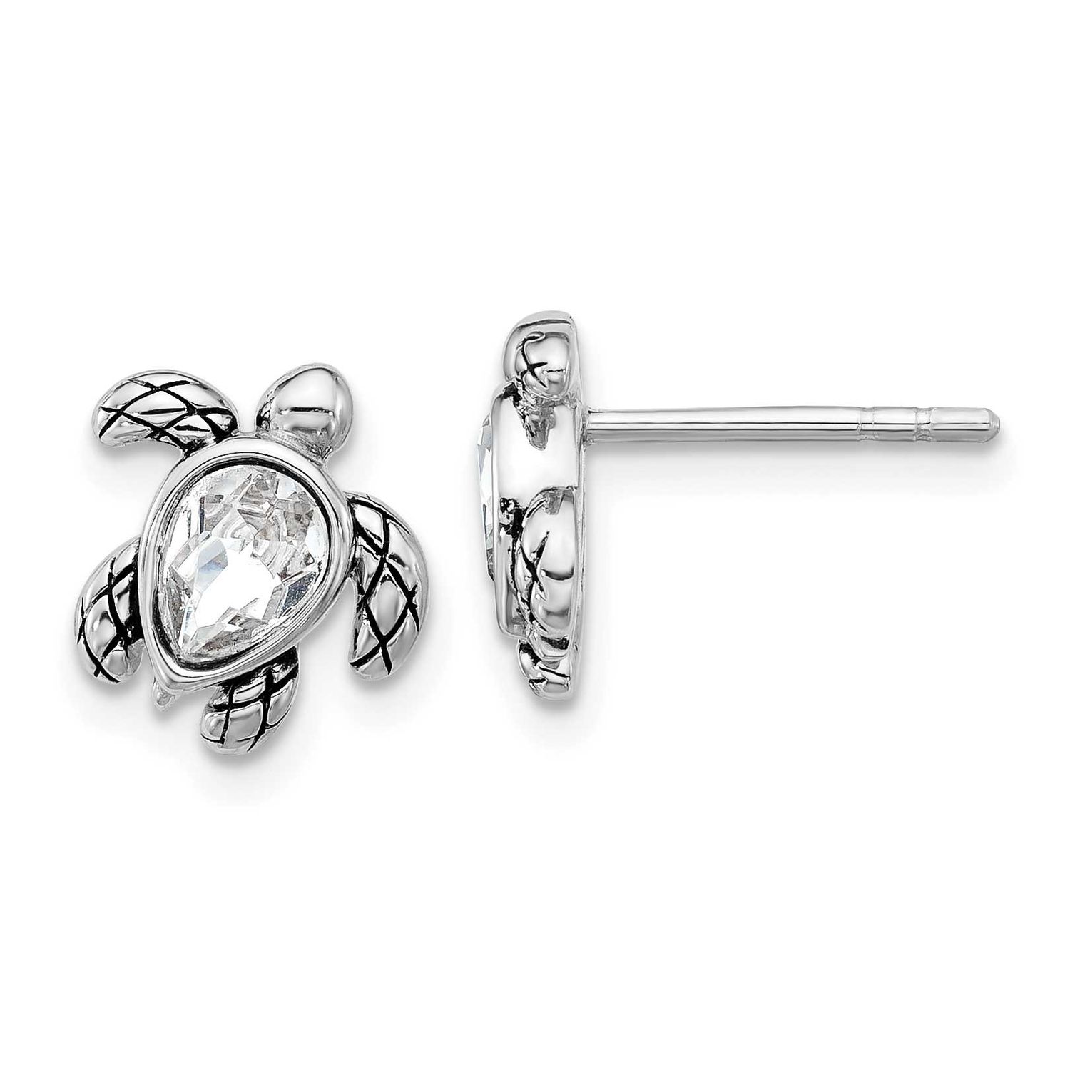Polished and Antiqued White Crystal April Birthstone Turtle Earrings Sterling Silver Rhodium-plated
