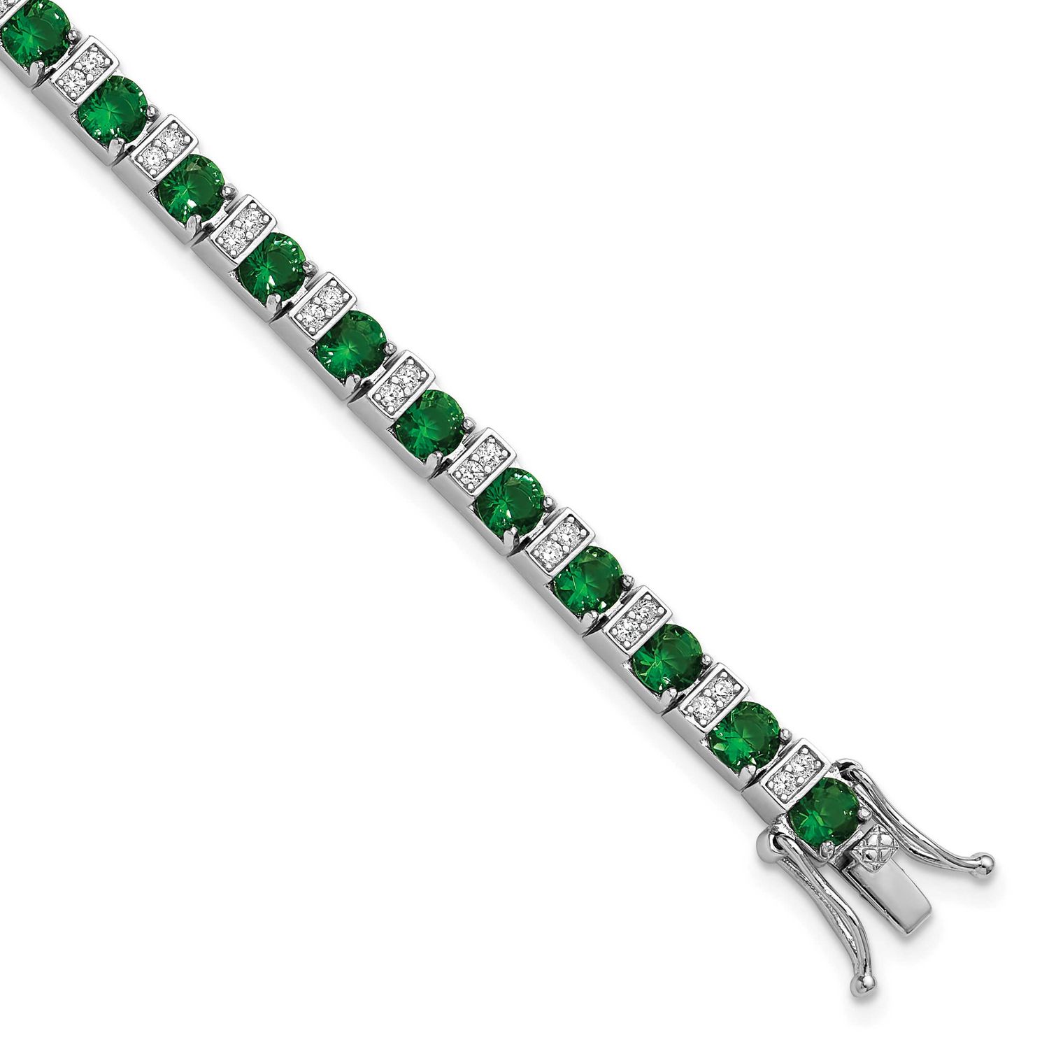 Cheryl M Polished Green Glass and CZ 7.25 Inch Bracelet Sterling Silver Rhodium-plated, QCM1959-7.2