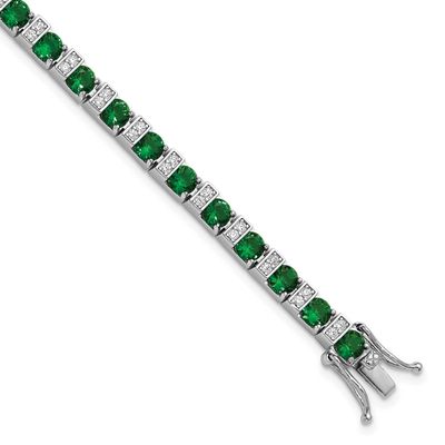 Cheryl M Polished Green Glass and CZ 7.25 Inch Bracelet Sterling Silver Rhodium-plated, QCM1959-7.2