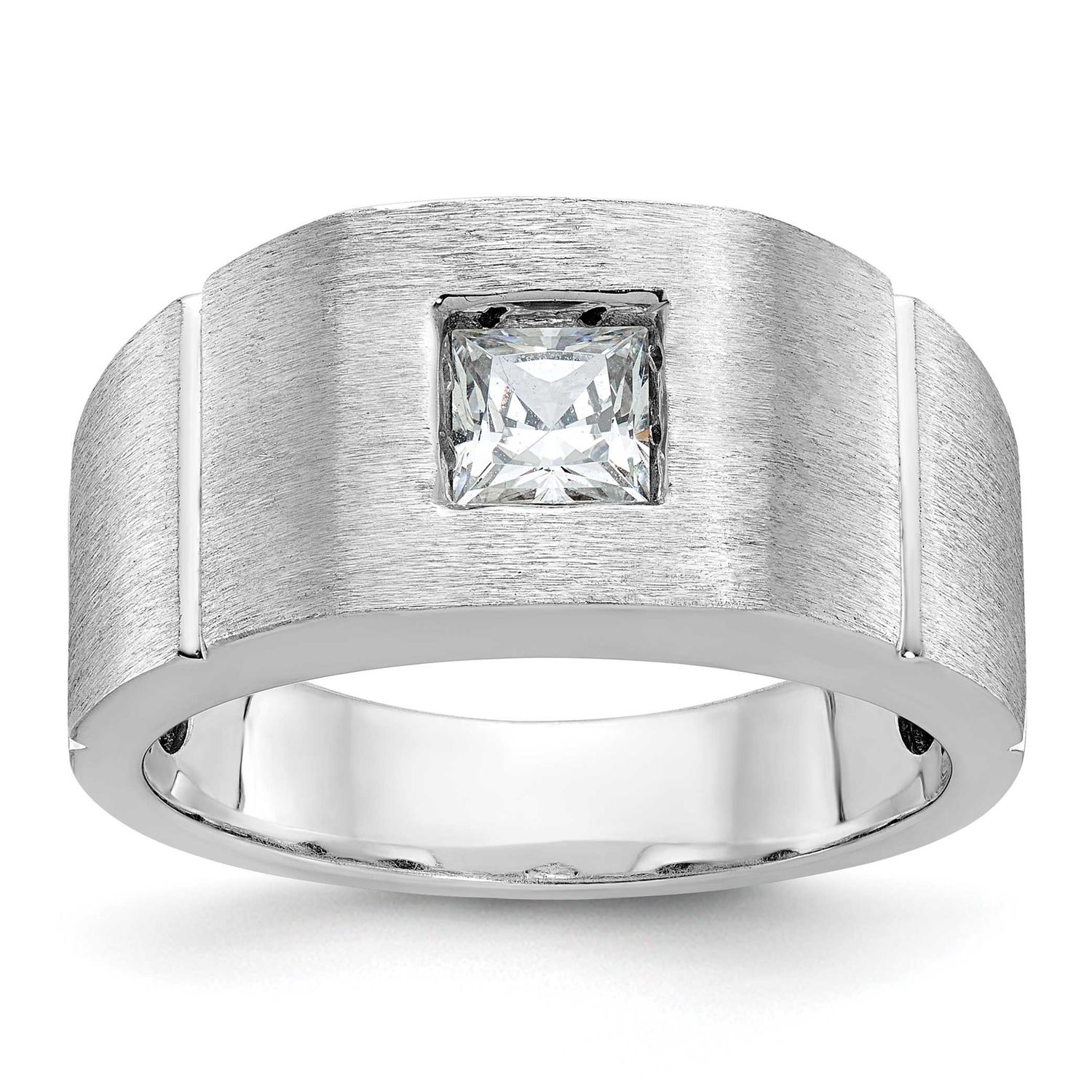 IBGoodman Men&#39;s Polished and Satin Square Solitaire 2/3 Carat Lab Grown Diamond Ring 14k White Gold