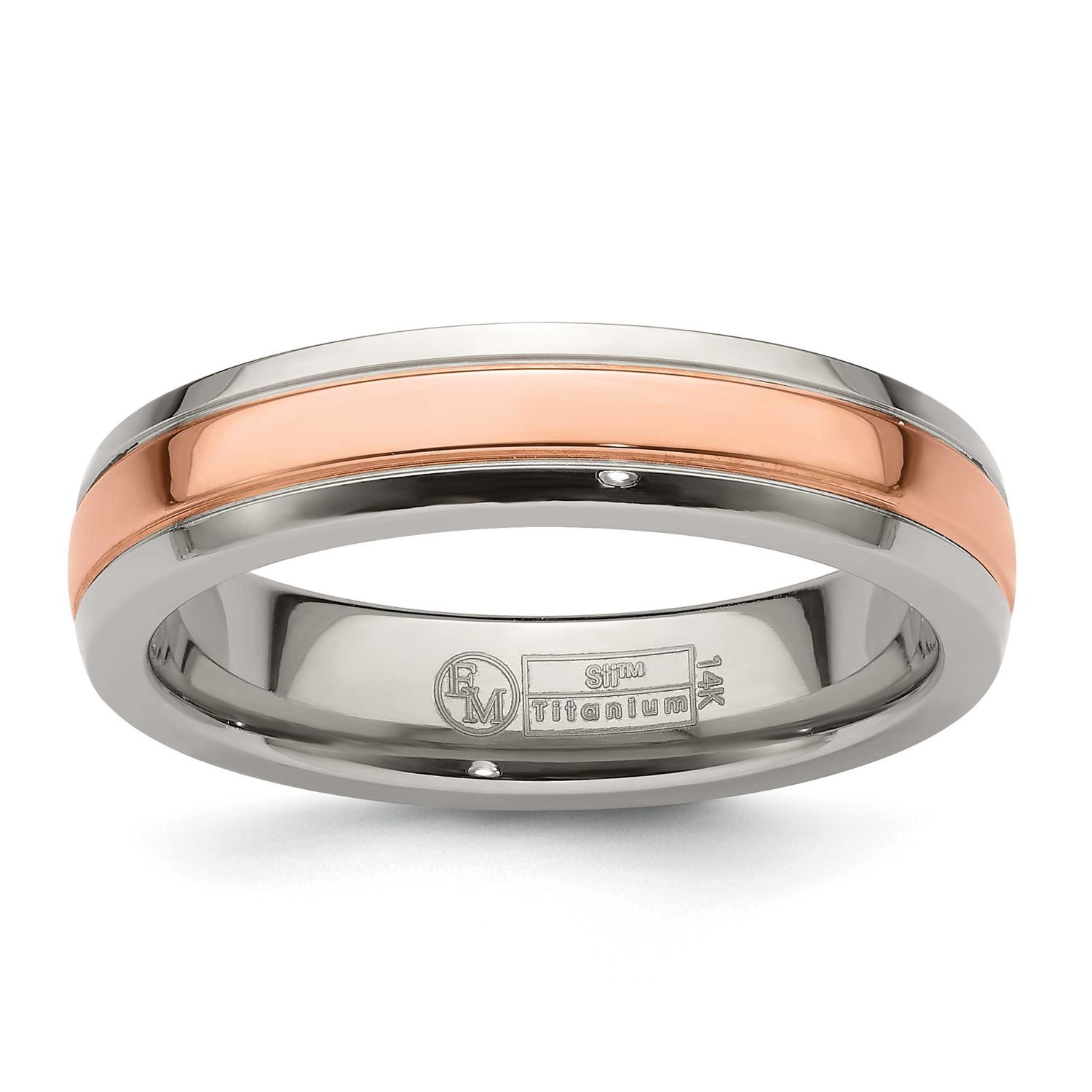 Edward Mirell 14k Rose Gold Inlay Grooved 5mm Band Titanium, EMR357-5MM-8.5,