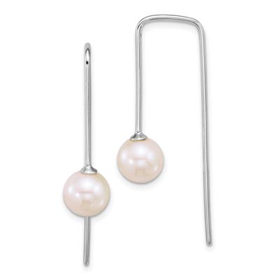 7-8mm White Round Freshwater Cultured Squared Threader Earrings Sterling Silver Rhodium-plated, QE1