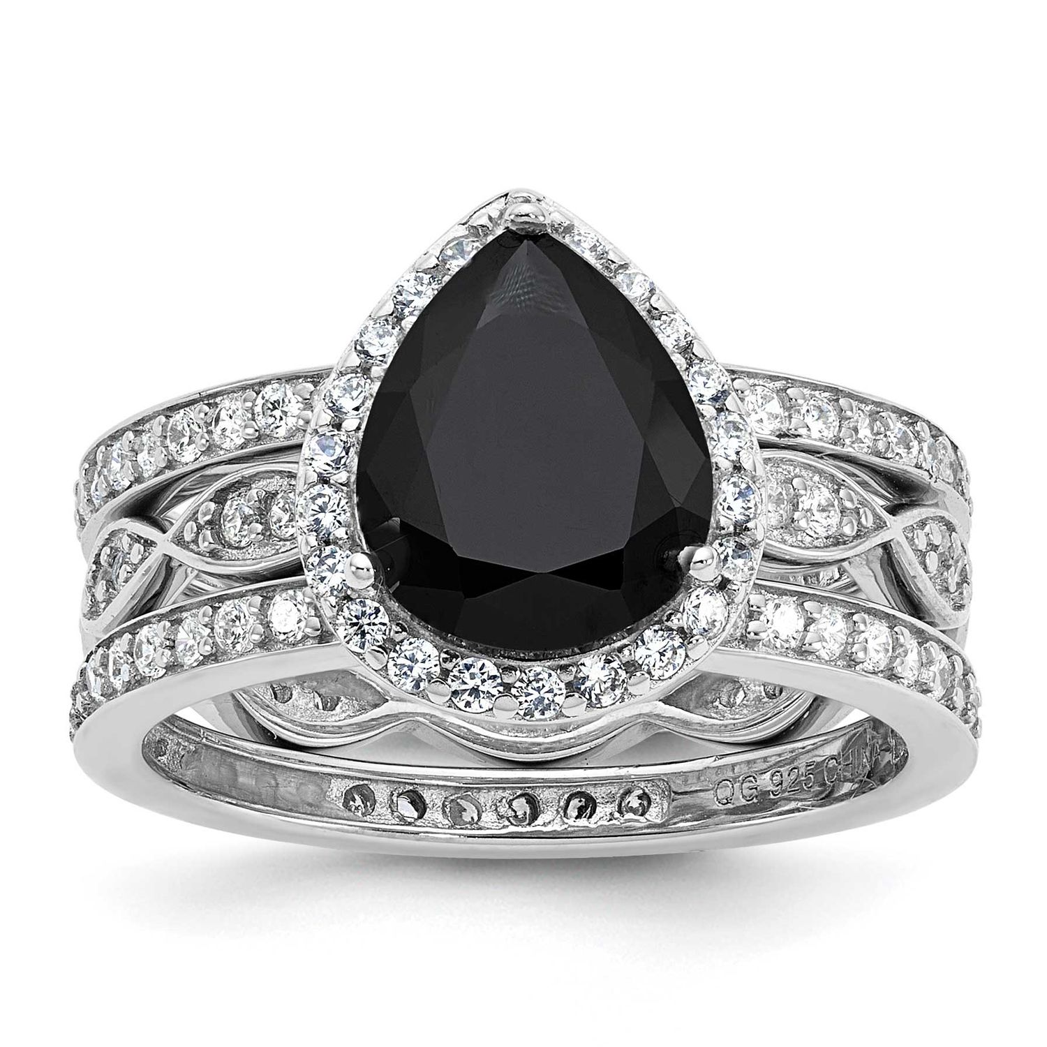 Cheryl M Polished Black and White CZ Teardrop Halo 3 Ring Set Sterling Silver Rhodium-plated, QCM19