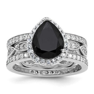 Cheryl M Polished Black and White CZ Teardrop Halo 3 Ring Set Sterling Silver Rhodium-plated, QCM19
