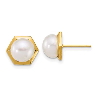 7-8mm White Button Freshwater Cultured Pearl Hexagon Post Earrings 14k Gold Polished, XF901E,