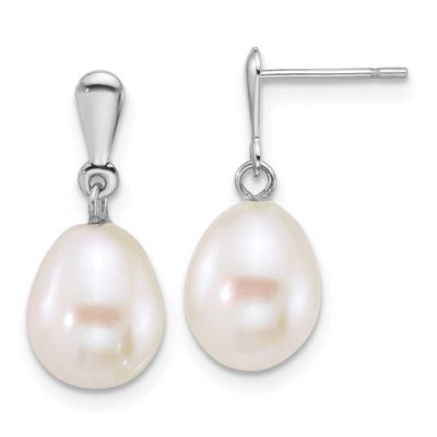 8-9mm White Rice Freshwater Cultured Pearl Post Dangle Earrings 10k White Gold, 10XFW924E,