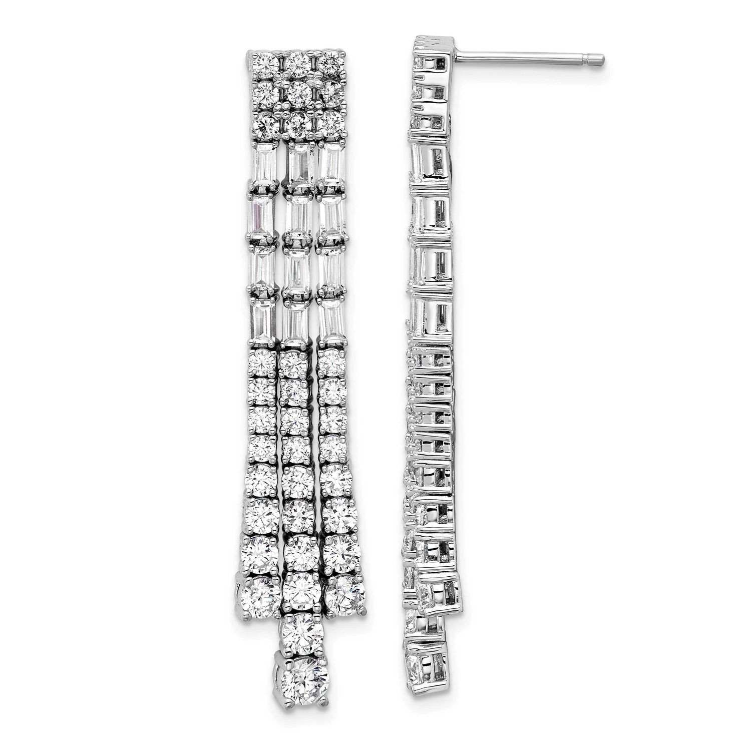 Cheryl M Polished Fancy 3-Row CZ Post Dangle Earrings Sterling Silver Rhodium-plated, QCM1735, 1969