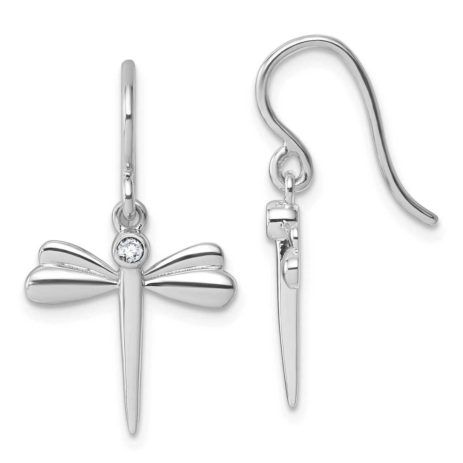 White Ice Diamond Dragonfly Dangle Earrings Sterling Silver Rhodium-plated, QW599,