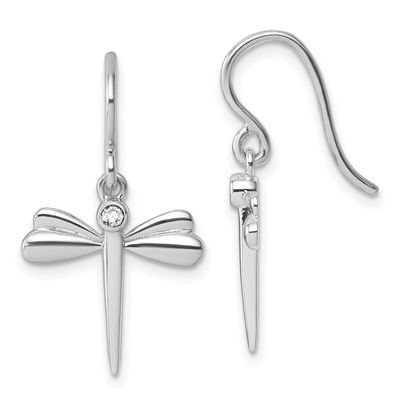 White Ice Diamond Dragonfly Dangle Earrings Sterling Silver Rhodium-plated, QW599,