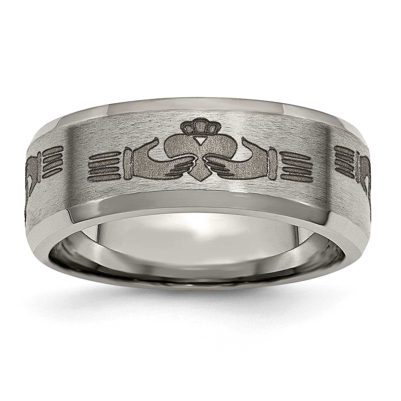 Claddagh Laser Design 8mm Beveled Edge Band Titanium Brushed and Polished, TB115N-7, 886774045122