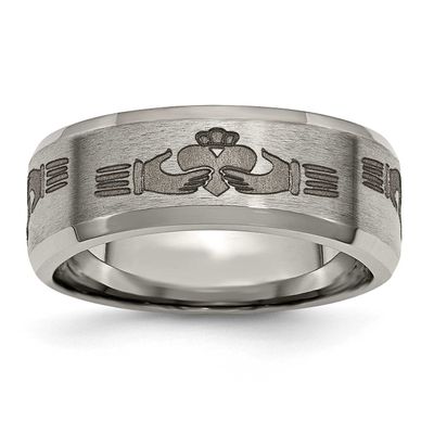 Claddagh Laser Design 8mm Beveled Edge Band Titanium Brushed and Polished, TB115N-7, 886774045122