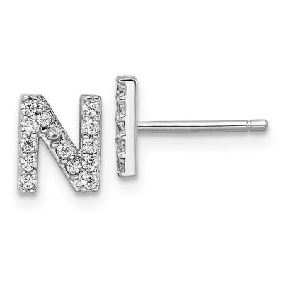 Cheryl M Polished Letter N CZ Initial Post Earrings Sterling Silver Rhodium-plated, QCM1867N,