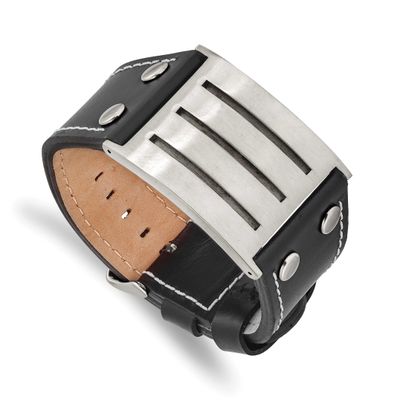 Black Leather Adjustable Buckle 8.75in Bracelet Stainless Steel Brushed, SRB498-8.75, 886774035420