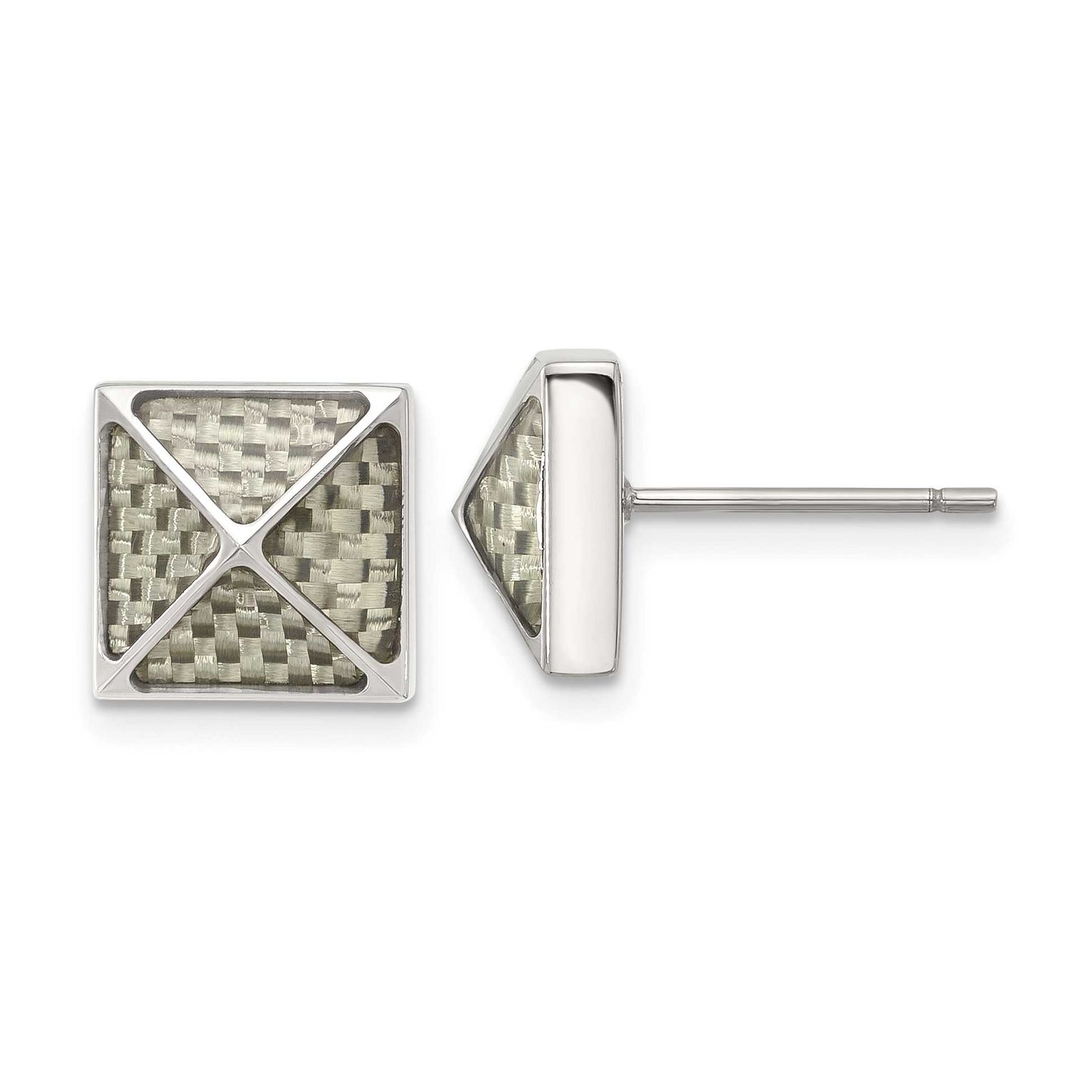White Carbon Fiber Inlay Pyramid Stud Earrings Stainless Steel Polished, SRE1639, 196904307588