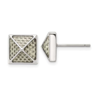 White Carbon Fiber Inlay Pyramid Stud Earrings Stainless Steel Polished, SRE1639, 196904307588
