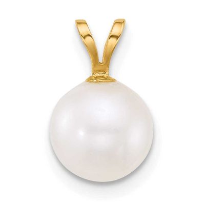 8-9mm White Round Freshwater Cultured Pearl Pendant 14k Gold, XF887,