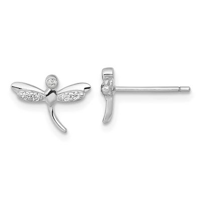 Polished CZ Dragonfly Post Earrings Sterling Silver Rhodium-plated, QE18240,