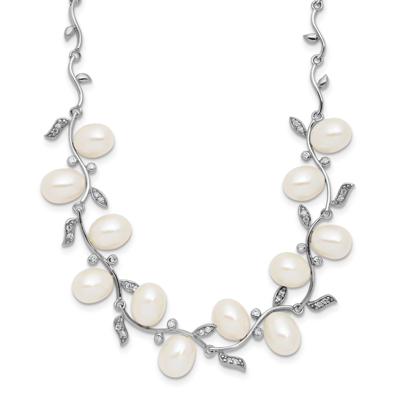 6-8m White Teardrop Freshwater Cultured Pearl and CZ Leaf 17 inch Necklace Sterling Silver Rhodium-