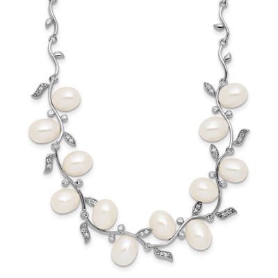 6-8m White Teardrop Freshwater Cultured Pearl and CZ Leaf 17 inch Necklace Sterling Silver Rhodium-