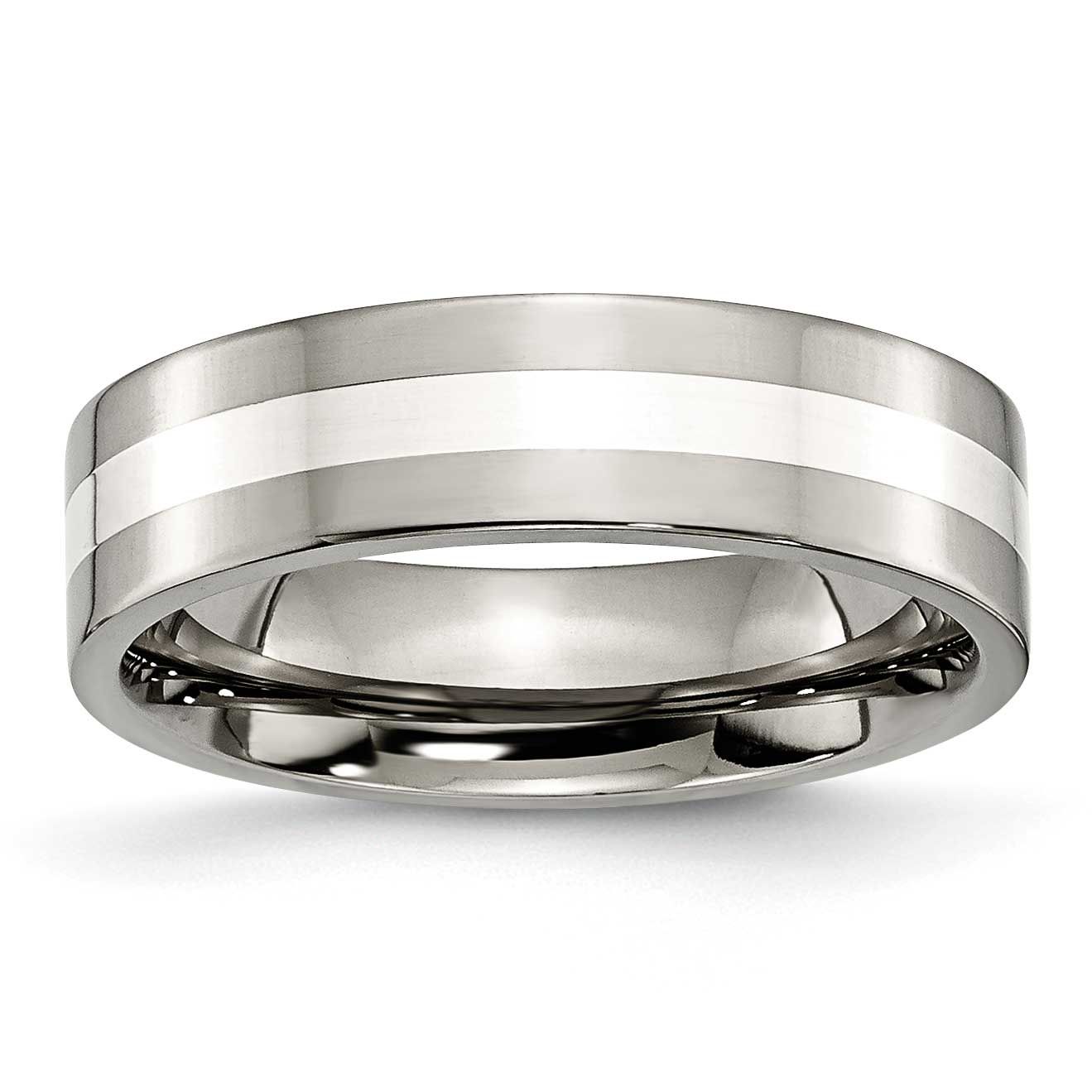 Sterling Silver Inlay 6mm Flat Band Titanium Polished, TB208-10.5, 883957795942