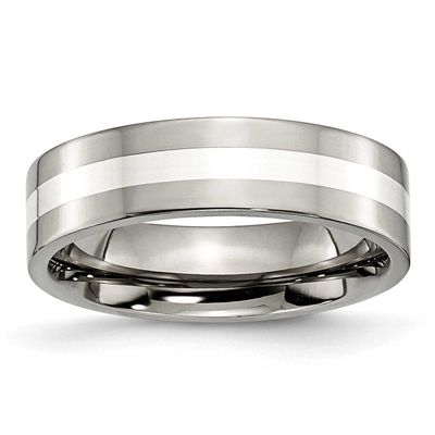 Sterling Silver Inlay 6mm Flat Band Titanium Polished, TB208-10.5, 883957795942