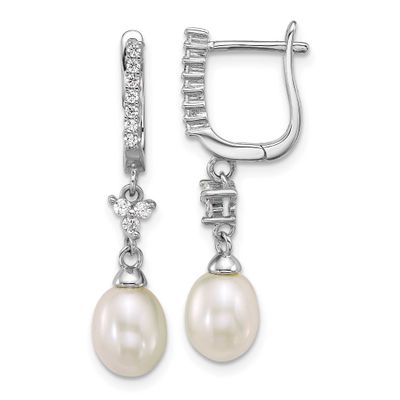 6-7mm White Teardrop Freshwater Cultured Pearl and CZ Dangle Hoop Earrings Sterling Silver Rhodium-