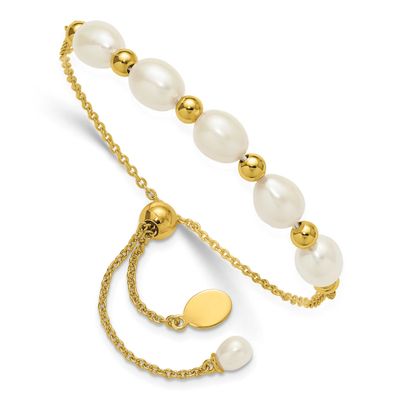 Gold-tone Polished and Beaded 7x8mmFWC Pearl Adjustable Bolo Bracelet Sterling Silver, QH5850,