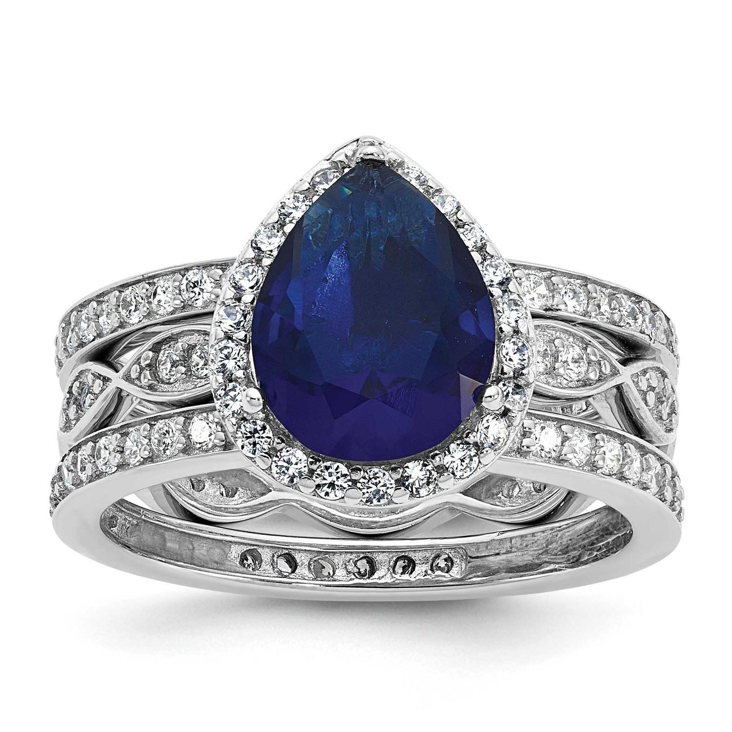 Cheryl M Polished Lab Created Sapphire and CZ Teardrop Halo 3 Ring Set Sterling Silver Rhodium-plat