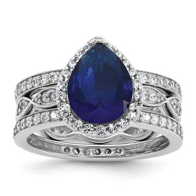 Cheryl M Polished Lab Created Sapphire and CZ Teardrop Halo 3 Ring Set Sterling Silver Rhodium-plat