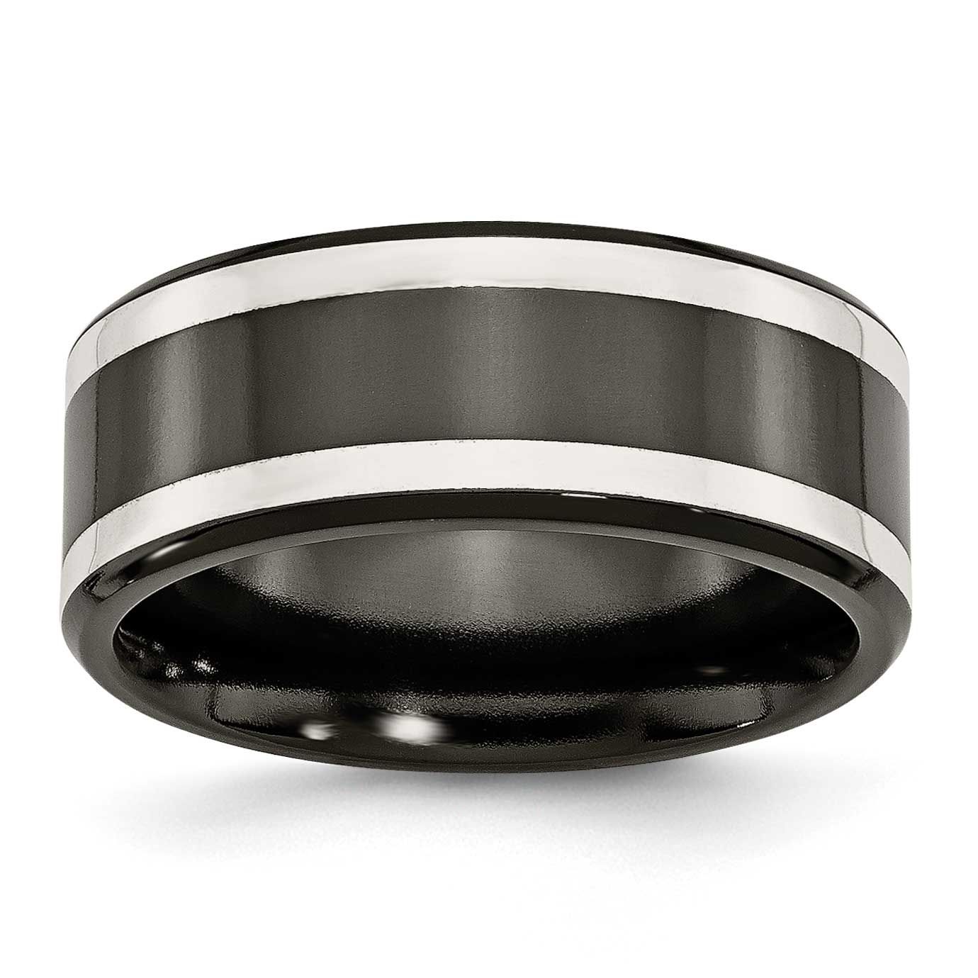 Black Ti with Sterling Silver Inlay Polished 9mm Flat Band Titanium, TB289-9.5, 886774056104