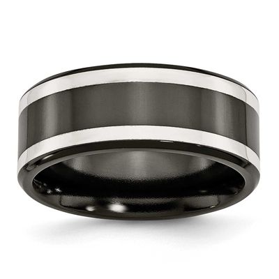 Black Ti with Sterling Silver Inlay Polished 9mm Flat Band Titanium, TB289-9.5, 886774056104