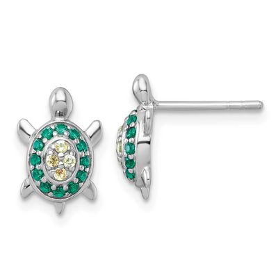 Polished Green Yellow Nano Crystals Turtle Post Earri Sterling Silver Rhodium-plated, QE18219,