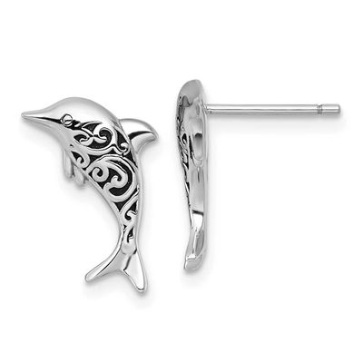 Polished and Oxidized Filigree Dolphin Post Earri Sterling Silver Rhodium-plated, QE18216,