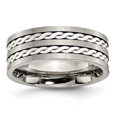 Antiqued and Brushed with Sterling Silver Braided Inlay 8mm Band Titanium, TB216-8.5, 883957798042