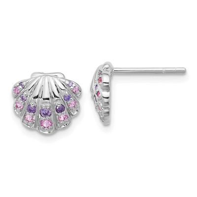 Polished CZ Shell Post Earrings Sterling Silver Rhodium-plated, QE17793,