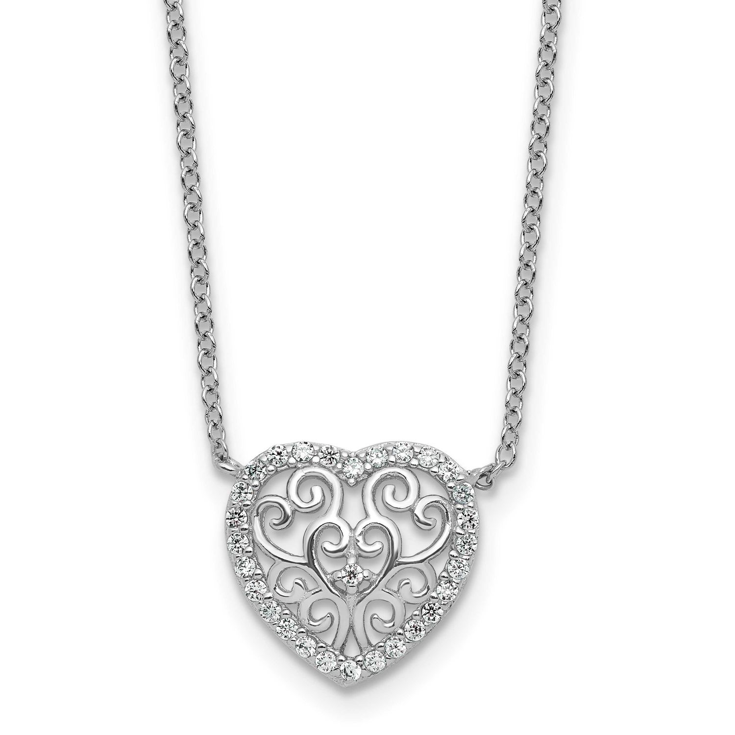 Cheryl M Polished Filigree CZ Heart 16 Inch with 2 Inch Extension Necklace Sterling Silver Rhodium-