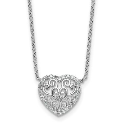 Cheryl M Polished Filigree CZ Heart 16 Inch with 2 Inch Extension Necklace Sterling Silver Rhodium-