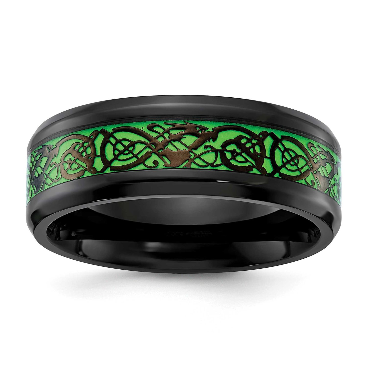 Black IP-plated Dragon Design with Green Glow in the Dark Enamel 8mm Band Stainless Steel Polished,