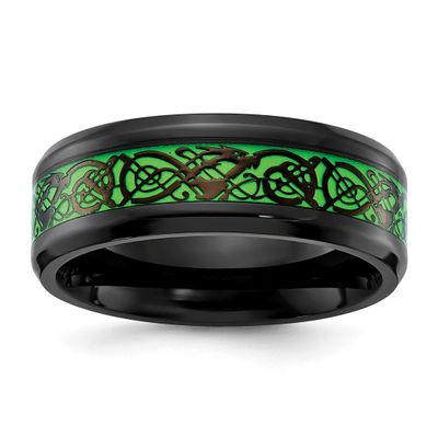 Black IP-plated Dragon Design with Green Glow in the Dark Enamel 8mm Band Stainless Steel Polished,