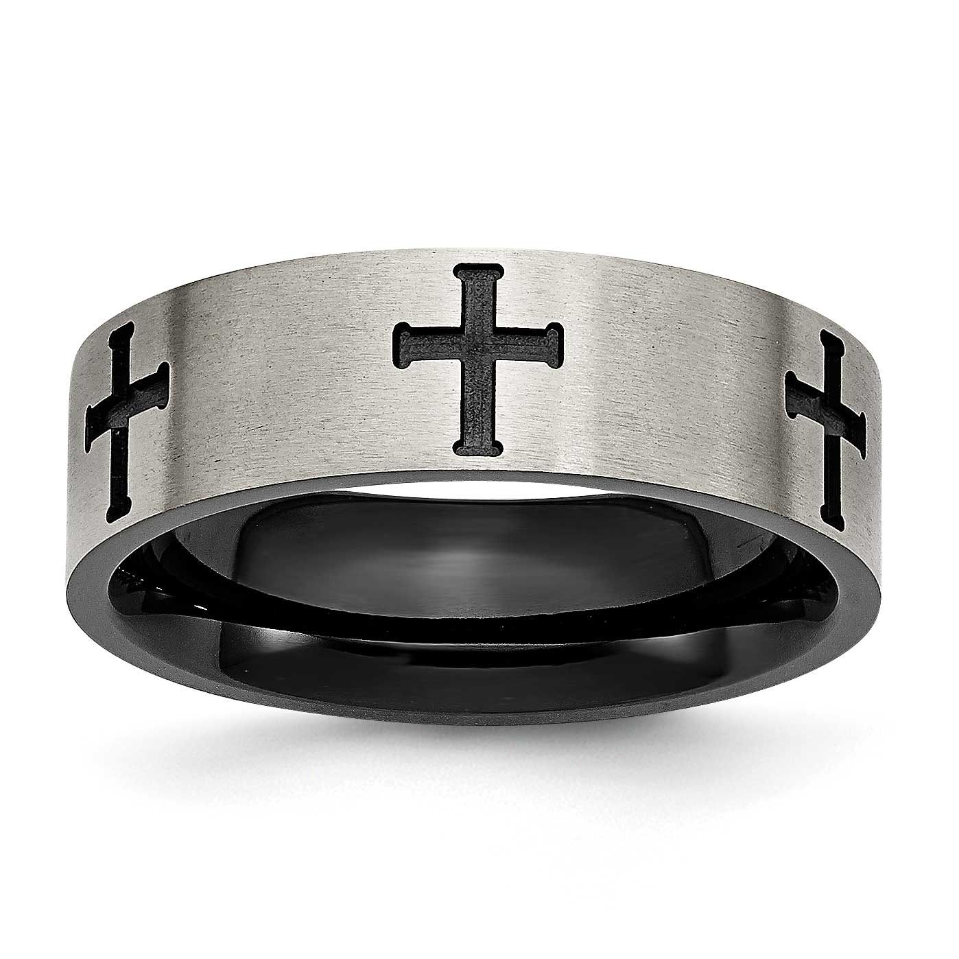 Black IP-plated Cross 7mm Band Titanium Brushed, TB301-11, 883957412016