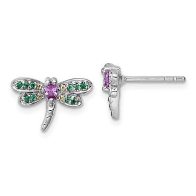 Multi Color CZ Dragonfly Post Earrings Sterling Silver Rhodium-plated, QG7237E,