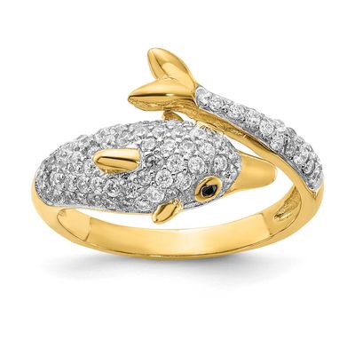 Cheryl M Polished Pave Black and White CZ Dolphin Ring Sterling Silver Gold-plated, QCM1951Y-5,